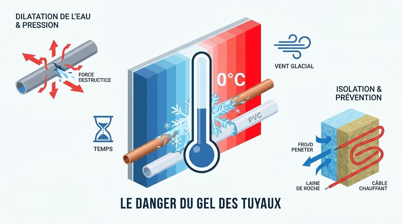 Tuyau en cuivre recouvert de givre risquant l'éclatement par grand froid